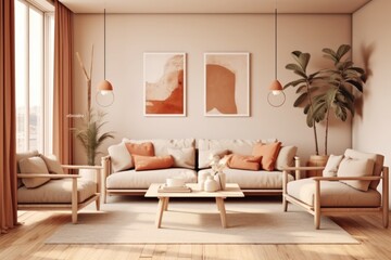 Natural Living Room Sanctuary with Designer Furniture, High Ceilings, and Elegant Decorative Accents.Decorative plants, armchairs, rug