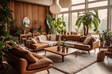 Natural Living Room Sanctuary with Designer Furniture, High Ceilings, and Elegant Decorative Accents.Decorative plants, armchairs, rug