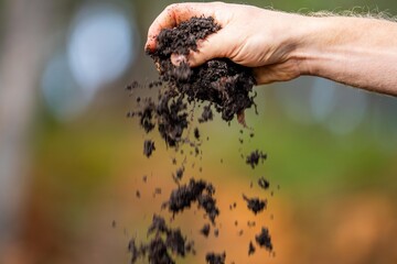 Holding soil in a hand, feeling compost in a field in Tasmania Australia.