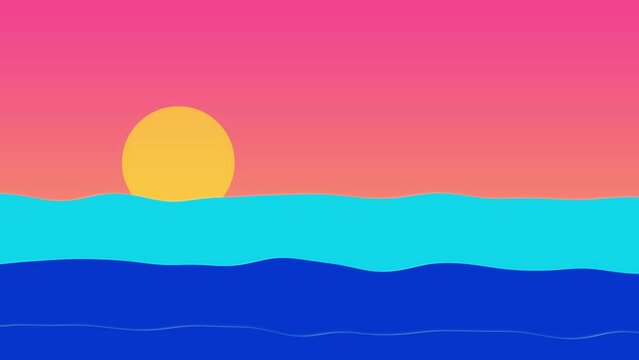 Sun setting in sea. Colorful 4k animation. Bright pink orange sunset sky. Ocean blue waves. Summer holidays vibe. Caribbean cruise vacation. Blue Curacao cocktail in beach bar. Motion design layout