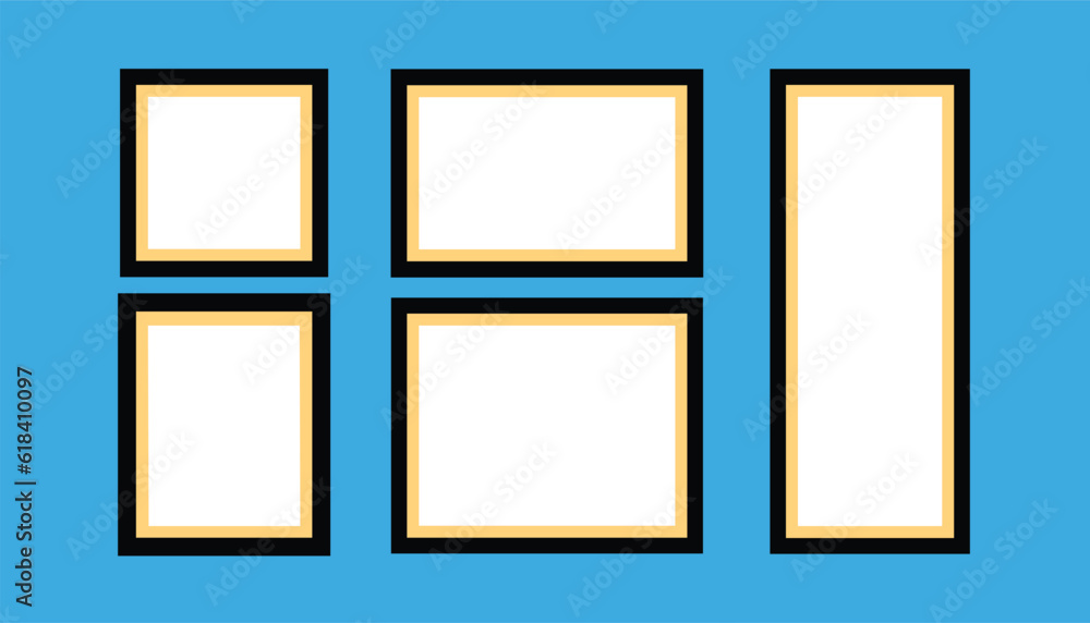Poster Set of vector photo frame with blue background. mockup design. blank frame set hanging on a wall. sheets for a notes. set realistic photo card