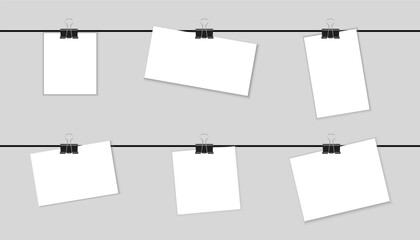 sheets for a notes. Photo frame mockup design. Plan white blank frame set hanging on a clip. set realistic photo card