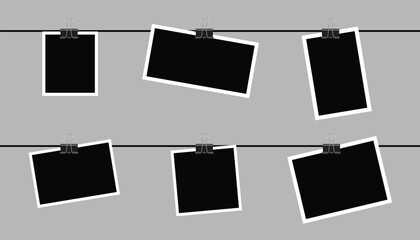 Photo frame mockup design. Blank frame set hanging on a clip. set realistic photo card
