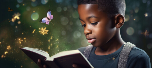 Fantasy, book and education with black kid and reading for fairytale, imagination and learning. Ai generated, inspiration and banner with young boy and study for magical, night and child development