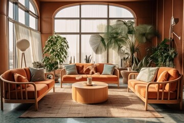 Fototapeta premium Natural Living Room design with stylish Furniture, High Ceilings, and Elegant Decorative Accents.Decorative plants, armchairs, rug