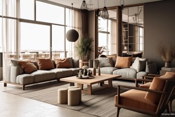 Natural Living Room design with stylish Furniture, High Ceilings, and Elegant Decorative Accents.Decorative plants, armchairs, rug