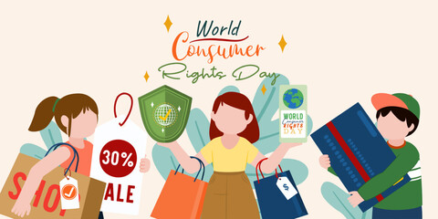 World Consumer Rights Day, shopping symbol with hand rights design for banner, poster, vector illustration.