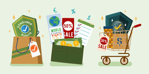 World Consumer Rights Day, shopping symbol with hand rights design for banner, poster, vector illustration.