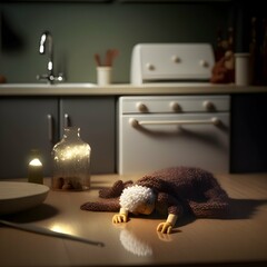 small figure diorama of a dead body in an open concept kitchen tranquil lighting ultra realistic crochet cute 8k 