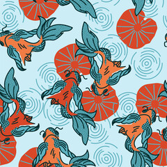 Stylish seamless pattern with koi carp, water lilies and waves in a pond. Vector print, design, background with fish.