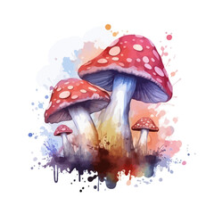 Watercolor magic mushroom on white background