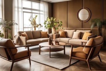 Spacious living room with a close-up of a luxurious sofa, modern coffee table, natural plants and chic wall art