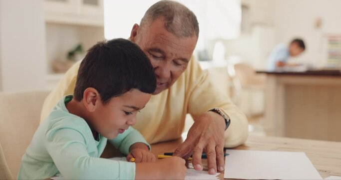 Grandfather, discussion or child drawing in books for learning development together in family house. Support, homework or grandparent teaching a creative boy or happy kid writing skills or bonding