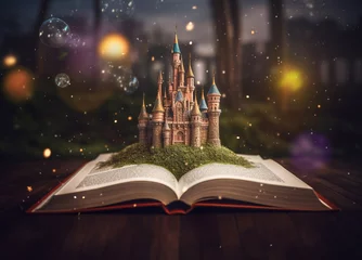 Papier Peint photo Forêt des fées Education, fantasy and growth with book and castle on table for fairytale, imagination and night. Ai generated, inspiration and magic with literature and palace for magical, learning and development