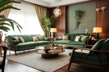 Fototapeta premium Elegant living room with a close-up of a comfortable sofa, area rug, and mid-century modern furniture