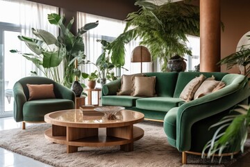 Obraz premium Elegant living room with a close-up of a comfortable sofa, area rug, and mid-century modern furniture