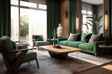 Elegant living room with a close-up of a comfortable sofa, area rug, and mid-century modern furniture