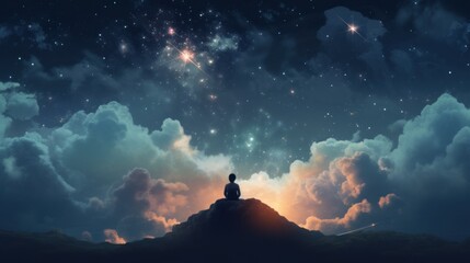 Minimalist portrayal of a person sitting on a cloud, gazing at the stars, representing wonder and contemplation | generative ai