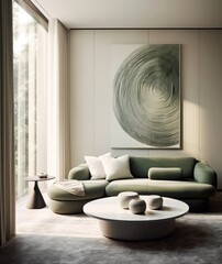 Elegant living room with a close-up of a comfortable sofa, area rug, and luxurious modern furniture - obrazy, fototapety, plakaty