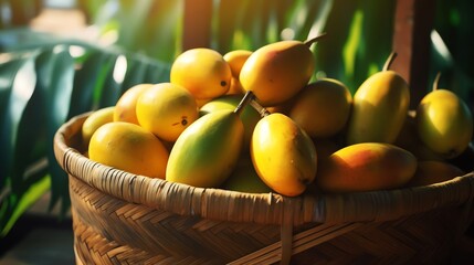 A pile of ripe mangoes inside a bamboo basket wallpaper