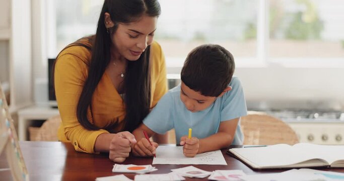 Homework, mother and son with education, discussion and studying with bonding, teaching and learning. Happy mama, kid and female parent with child development, conversation and support in a kitchen
