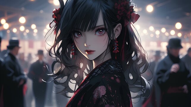 Japanese Synthcore Goth Girl In Race Queen Style Kimono, Attractive Anime Character. Generative AI