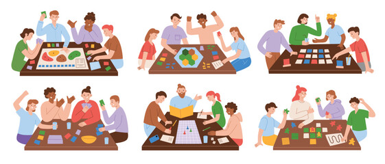 People playing board games. Tabletop game at home. Hand drawn set of compositions. Family, friends spending time together. Collection of cartoon characters at table. Vector illustrations of boardgames © Elena