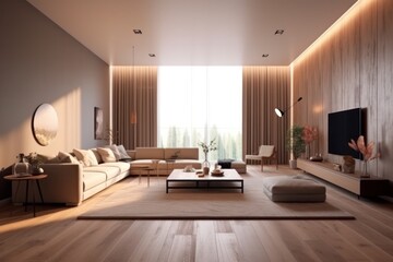 Fototapeta premium Modern living room showcasing a chic sofa close-up, sleek design, and hardwood floors