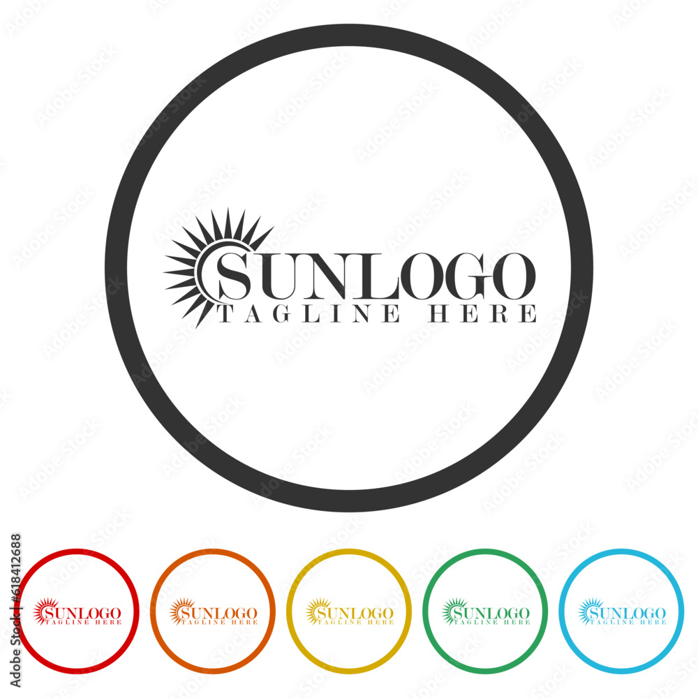 Poster sun logo and icon design template. set icons in color circle buttons