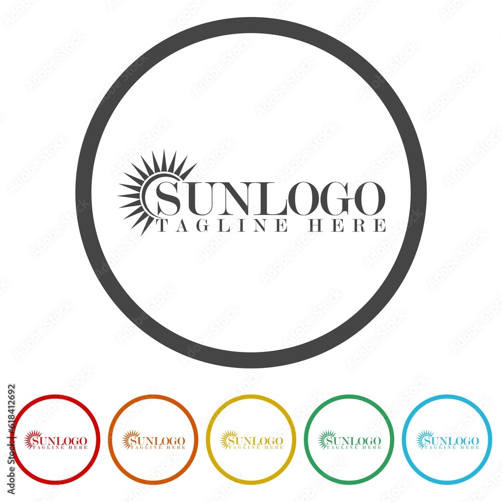 Poster sun logo and icon design template. set icons in color circle buttons