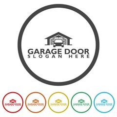 Garage door car logo design template. Set icons in color circle buttons
