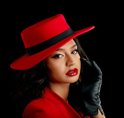 Woman, retro spy and glamour portrait in studio with vintage fashion and cosplay agent. Young...