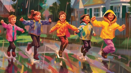 Fototapeta na wymiar Children in bright raincoats jump and laugh in puddles. (Illustration, Generative AI)