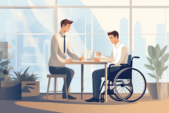  illustration of an office with disabled people, concept of social inclusion,. High quality illustration