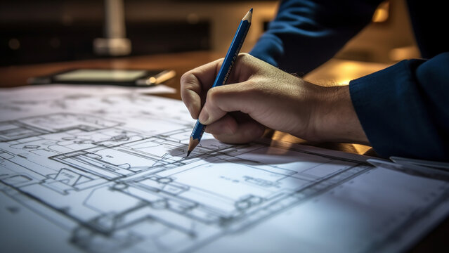 Construction engineering. Interior designer or architect reviewing blueprints.