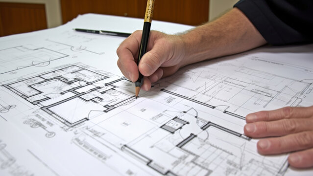 Construction engineering. Interior designer or architect reviewing blueprints.