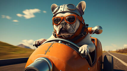 Bulldog wearing racing helmet with race glasses drives in vintage orange pedal car. - obrazy, fototapety, plakaty