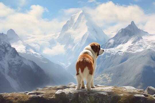 A Saint Bernard dog overlooking a Swiss alpine scene