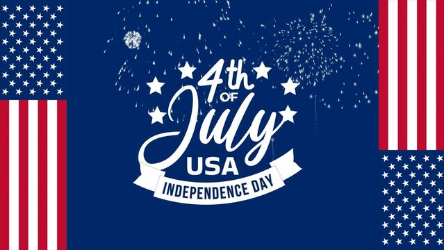 Happy Independence Day Usa 4th of July Text Animation with American Flag and Fireworks Background. 