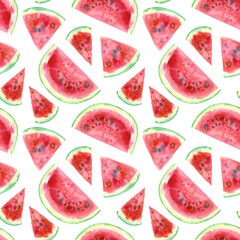 Watercolor tropical watermelon slices fruit illustration seamless pattern. On a white background. Hand painted. Repeating summer fruit background. Bright and juicy. Fruits pattern.