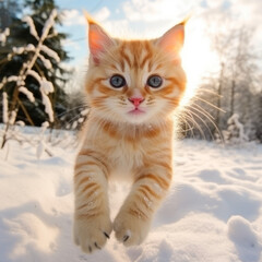 Fototapeta premium Cute little kitten stepping in the snow