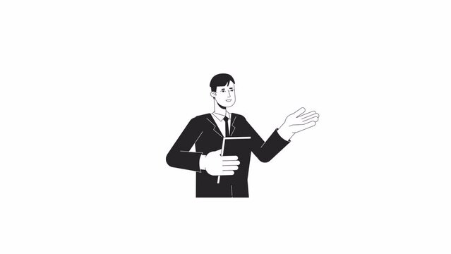 Small business lawyer bw animation. Animated character asian male manager with papers. Monochrome 2D flat outline cartoon 4K video, white background, alpha channel transparency for web design