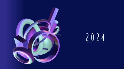 Abstract 3D vector illustration for 2024 New Year with geometric elements on an isolated blue background - 618414083