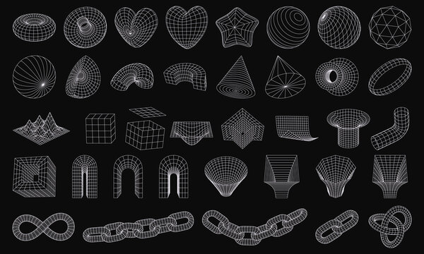 Set of wireframe 3D geometric shapes. Wire frame abstract figures. Distorted mesh grids. Chain, cone, Infinity Symbol, arc, star, sphere, knot. Isolated Graphic design elements