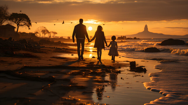 close-up image of father, mother, son, and daughter walking side by side along shoreline at sunset., AI Generated, Generative AI
