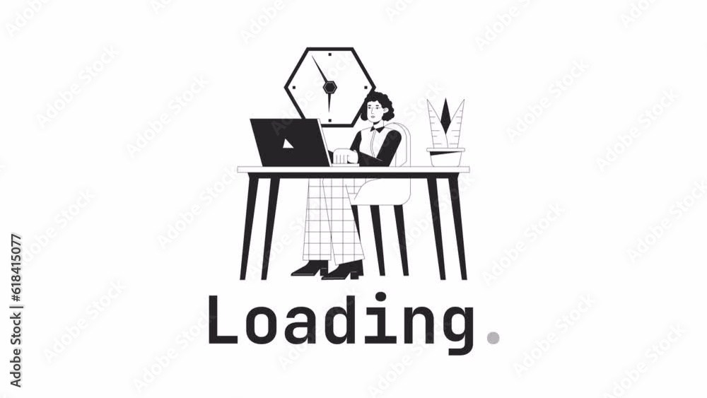 Poster office worker bw loader animation. office woman typing on keyboard at workplace. flash message 4k vi