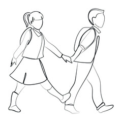 Children go to school line art sketch drawing.Vector illustration.Boy and girl with backpacks go to school together holding hands.Back to school concept