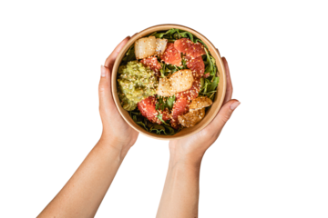 Poke bowl with salmon isolated on white background. Clipping Path. Full Depth of field. Focus stacking. Top view