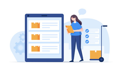 Warehouse staff wearing uniform Loading parcel box and checking product from warehouse.