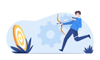 A young businessman aims an arrow in the middle of the target.